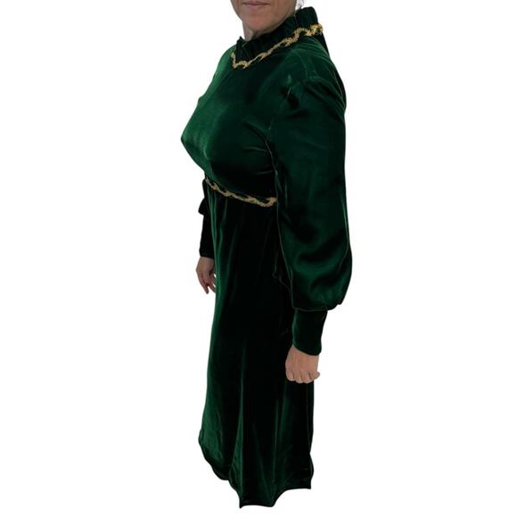 Emerald Green Vintage Velvet Maxi Gown with Long Bishop Sleeves and Mock Neck - Picture 3 of 16